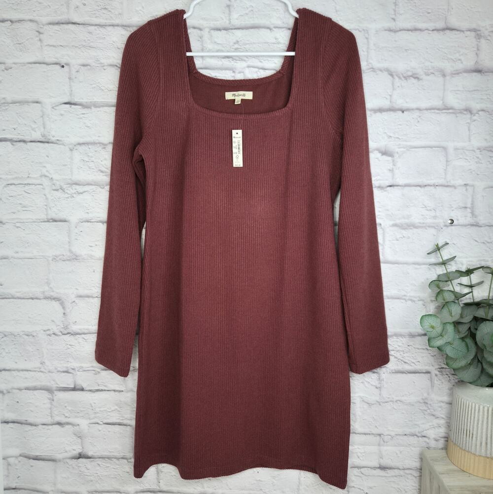 NWT Madewell Ribbed Bodycon Mini Dress Large Burgundy Square Neck Long Sleeve